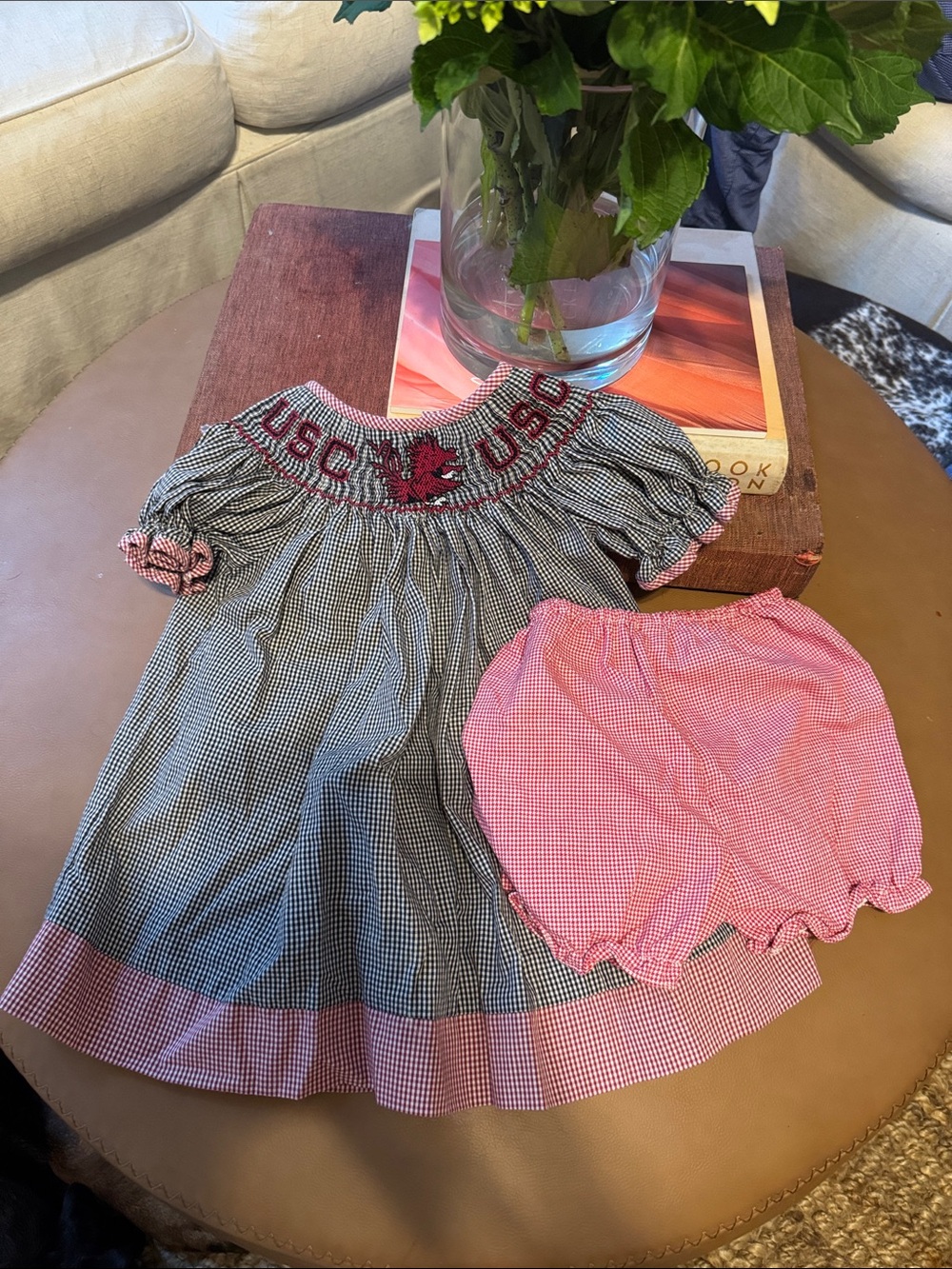 USC Smocked Gingham Baby Dress with Bloomer - Red & Navy